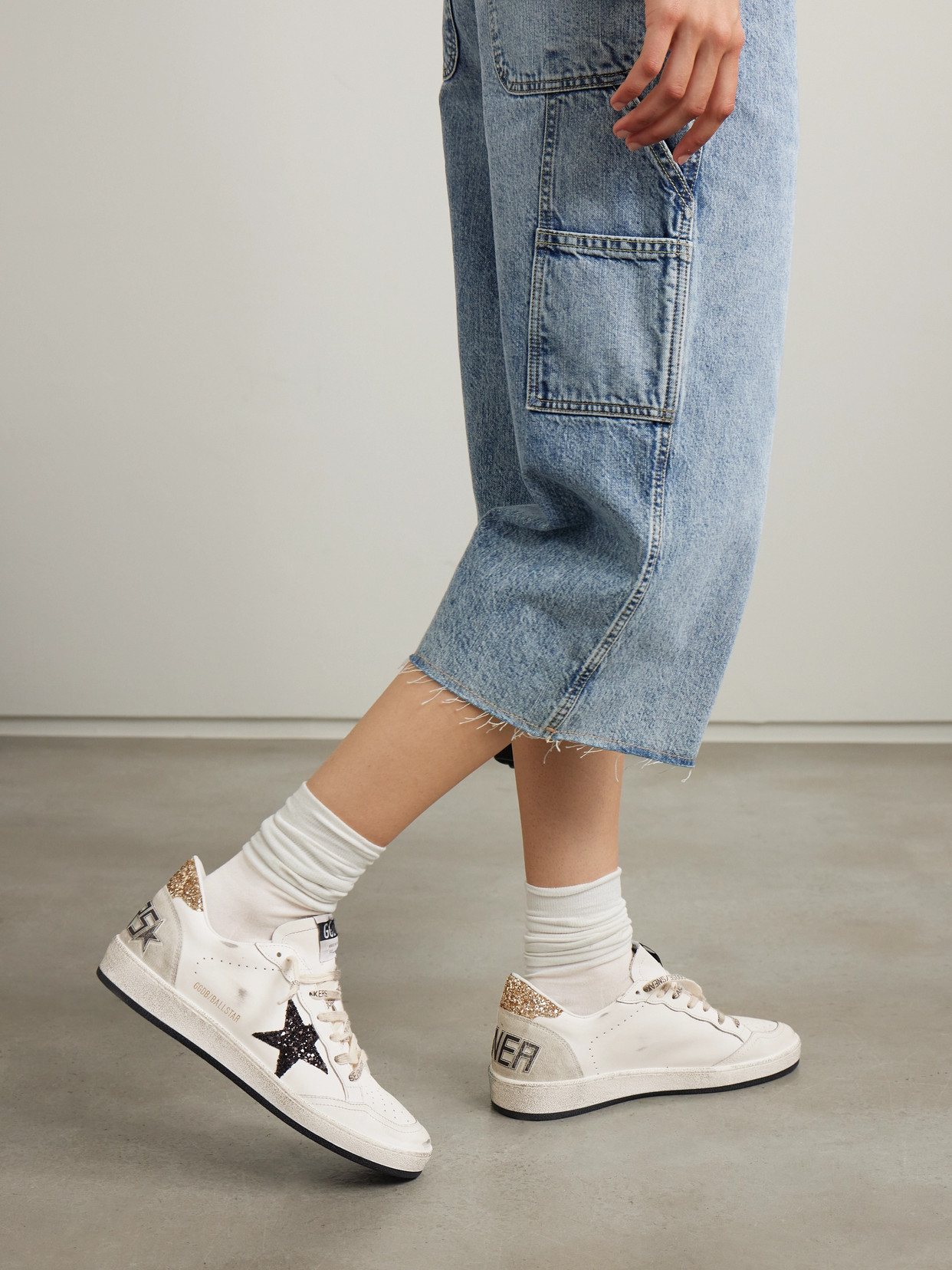 Golden Goose Ballstar White Low Top Sneakers With Glittered Star Patch On The Side And Glittered Heel With Logo L