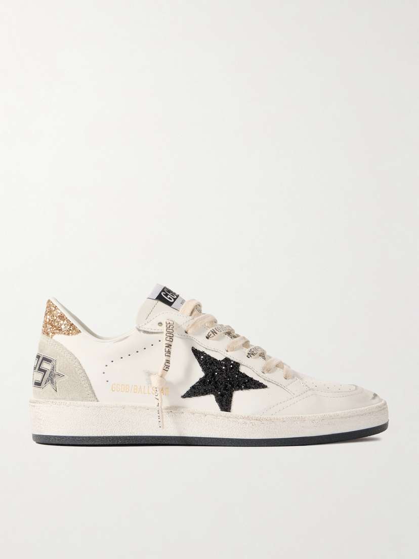 Golden Goose Ball Star Distressed Glittered Suede-trimmed Leather Sneakers