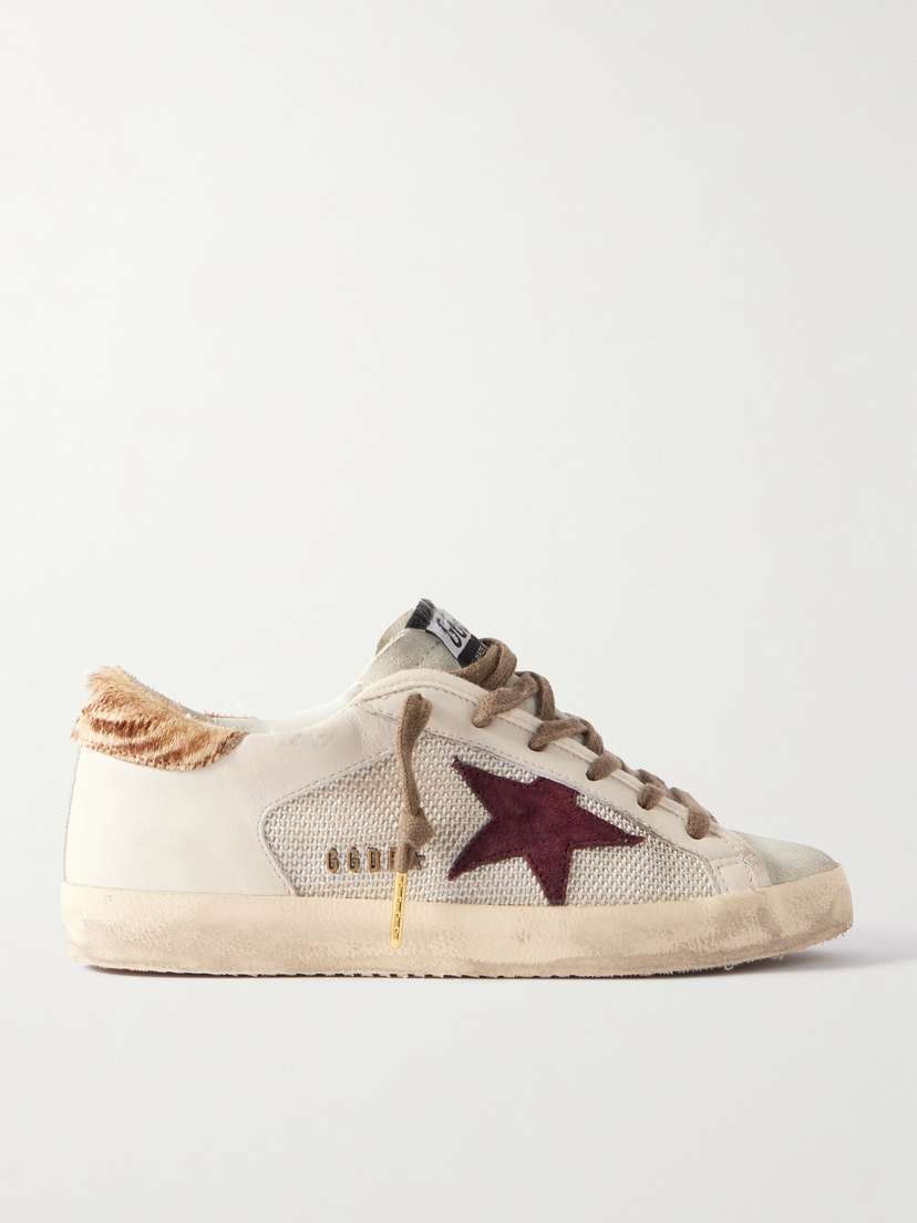 Golden Goose Super-star Calf Hair And Suede-trimmed Mesh And Distressed Leather Sneakers