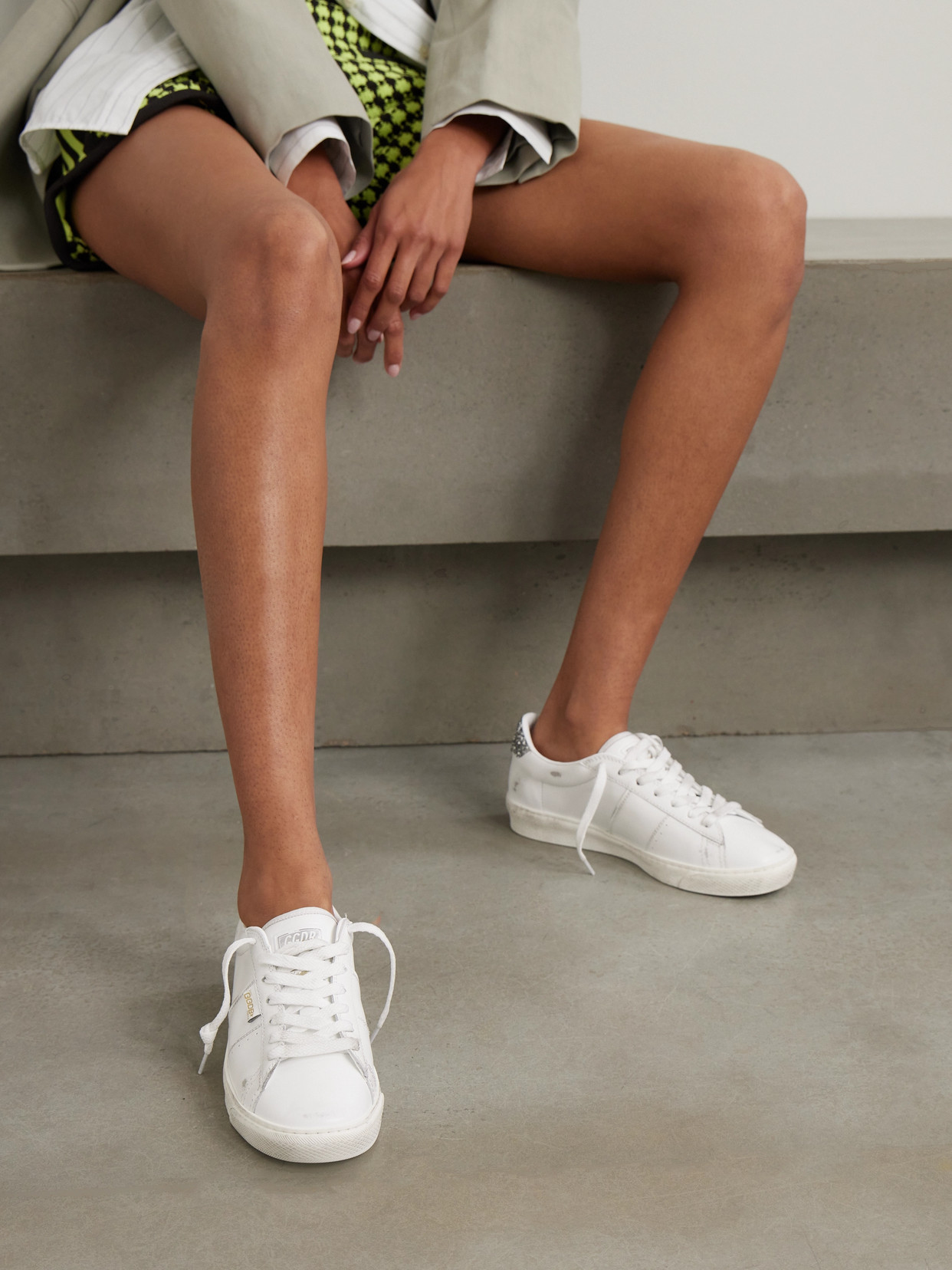 Golden Goose Matchstar Distressed Glittered Leather Sneakers