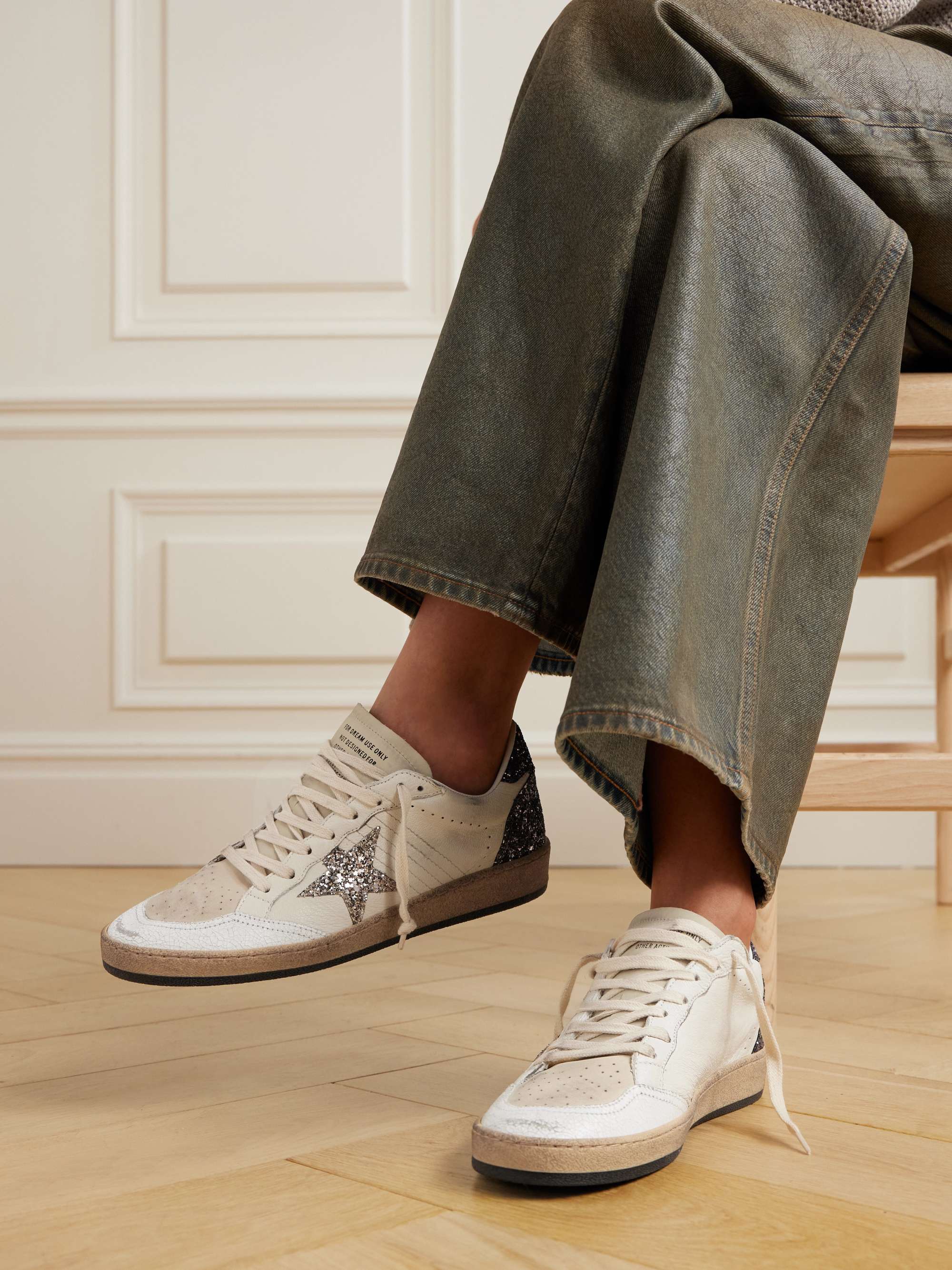 GOLDEN GOOSE Ballstar glittered distressed leather sneakers NET A PORTER