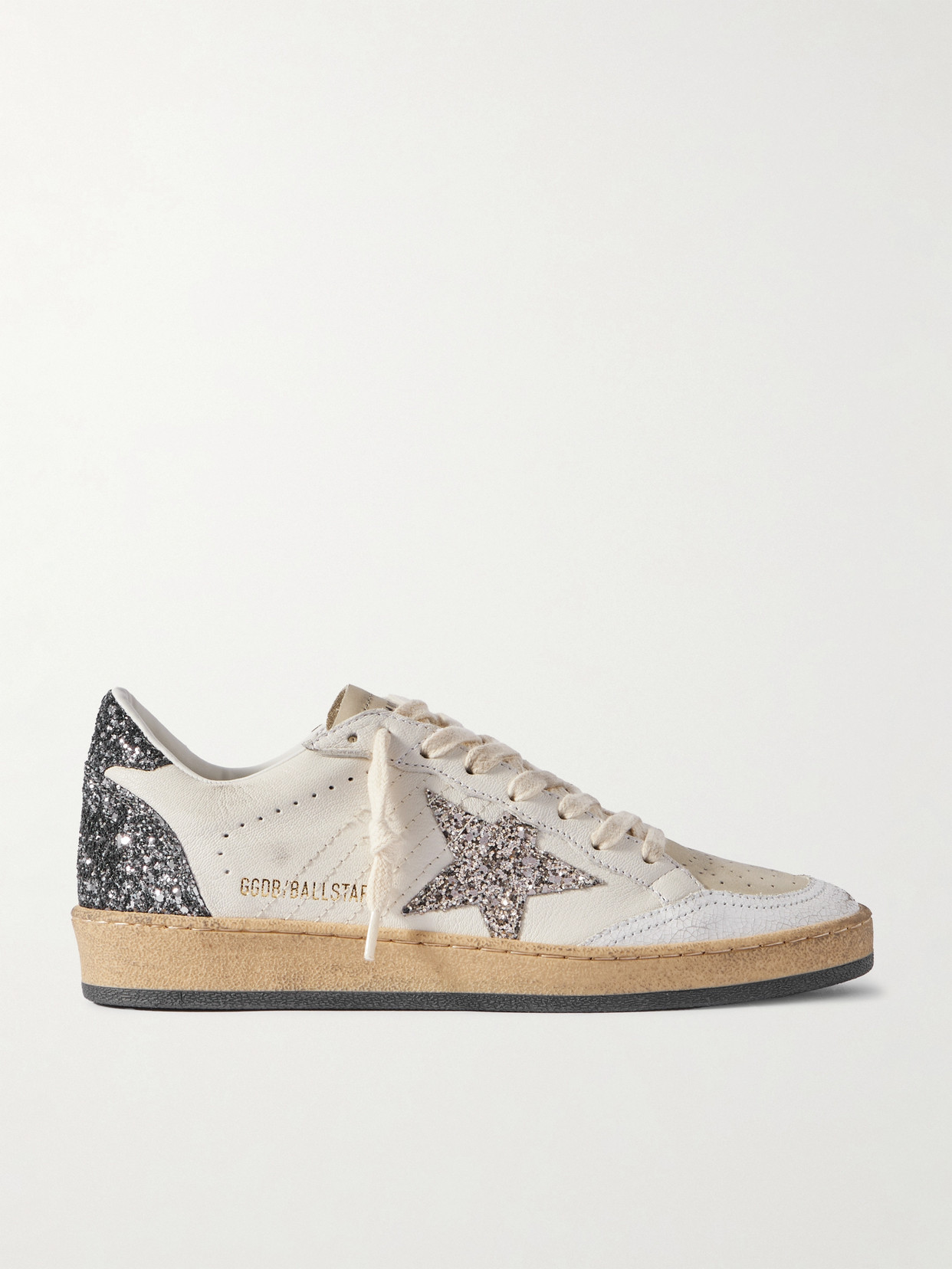 Golden Goose - Ballstar Glittered Distressed Leather Sneakers - White