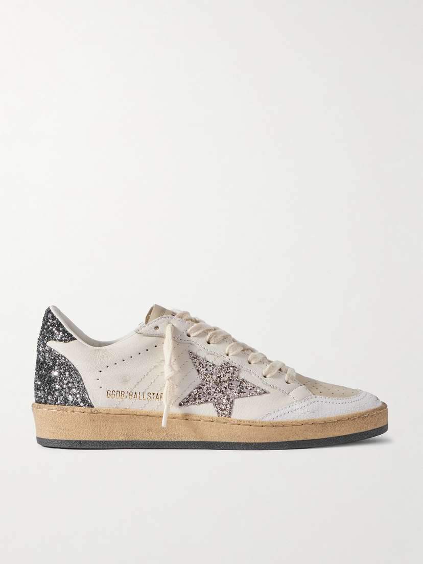 Golden Goose Ballstar Glittered Distressed Leather Sneakers