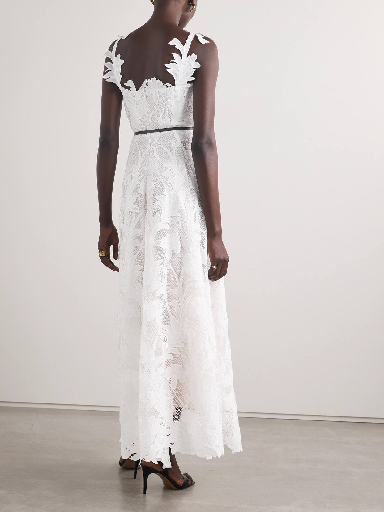 Shop Oscar De La Renta Belted Appliquéd Guipure Lace Gown In White