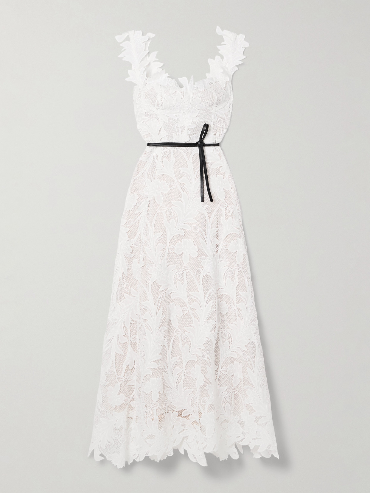 Shop Oscar De La Renta Belted Appliquéd Guipure Lace Gown In White