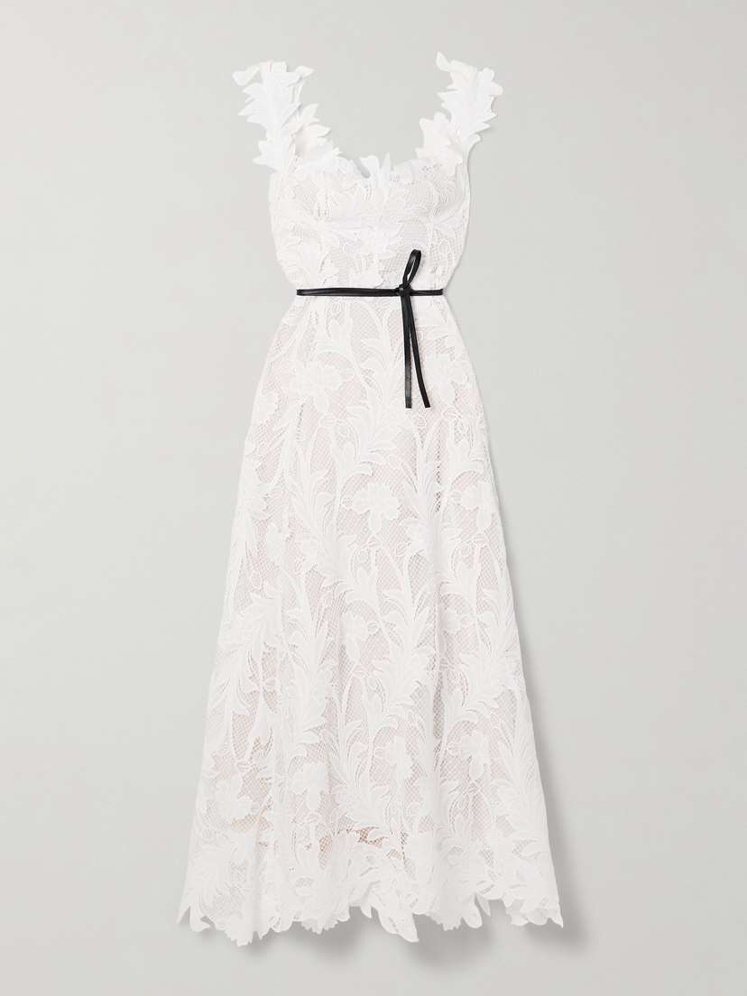 Oscar de la Renta Belted Appliquéd Guipure Lace Gown