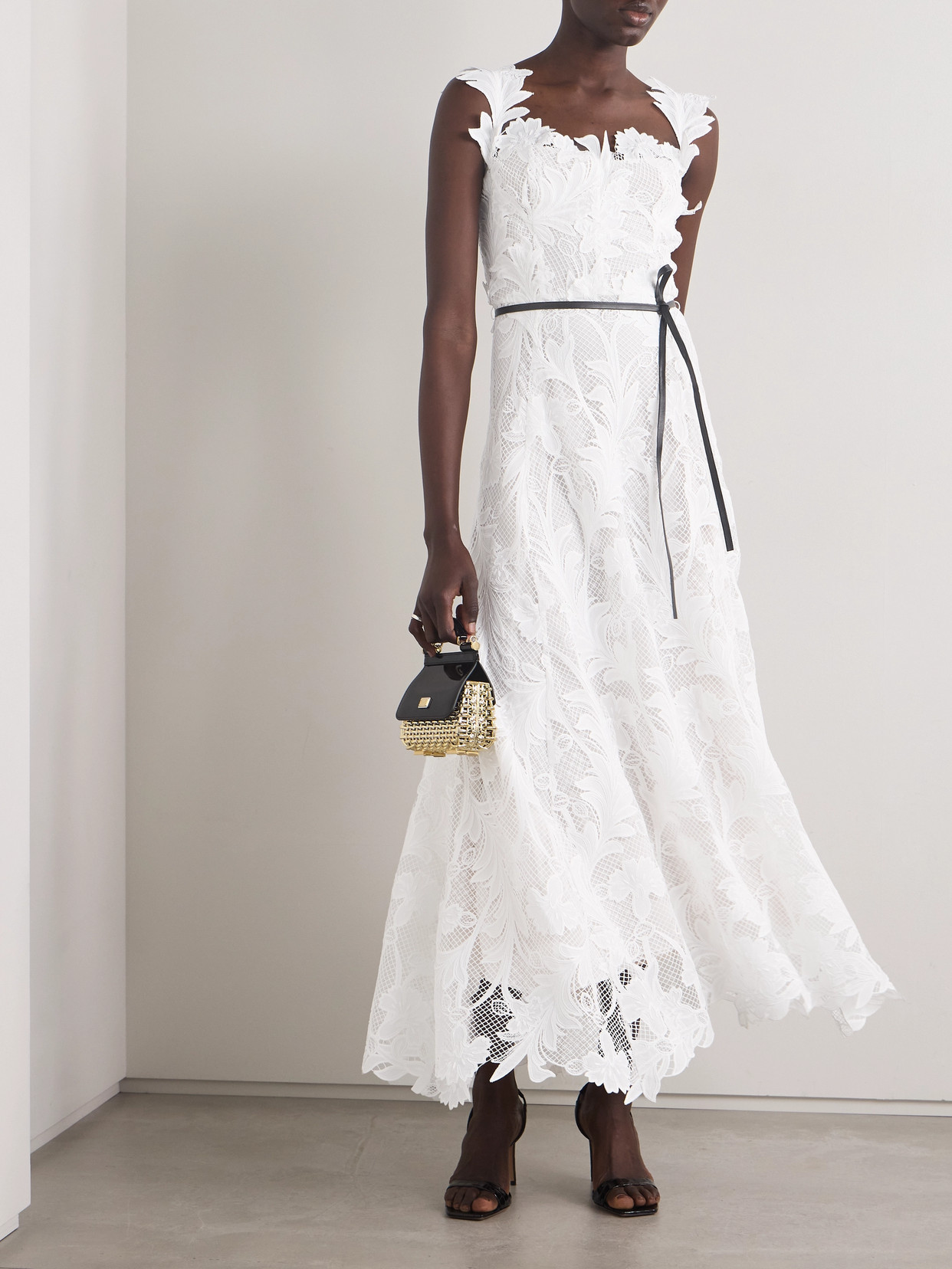 Shop Oscar De La Renta Belted Appliquéd Guipure Lace Gown In White