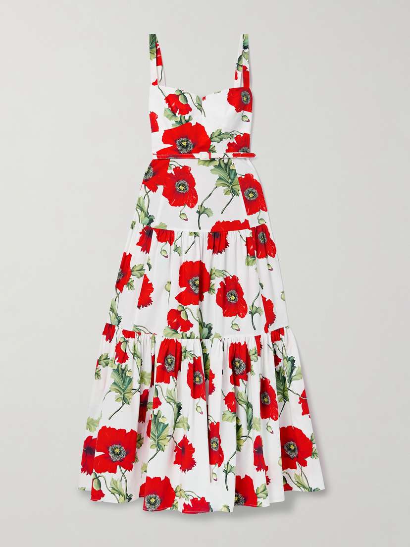 Oscar de la Renta Belted Floral-print Tiered Cotton-blend Poplin Gown