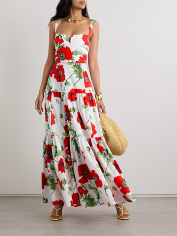 Oscar de la Renta Belted floral-print tiered cotton-blend poplin gown