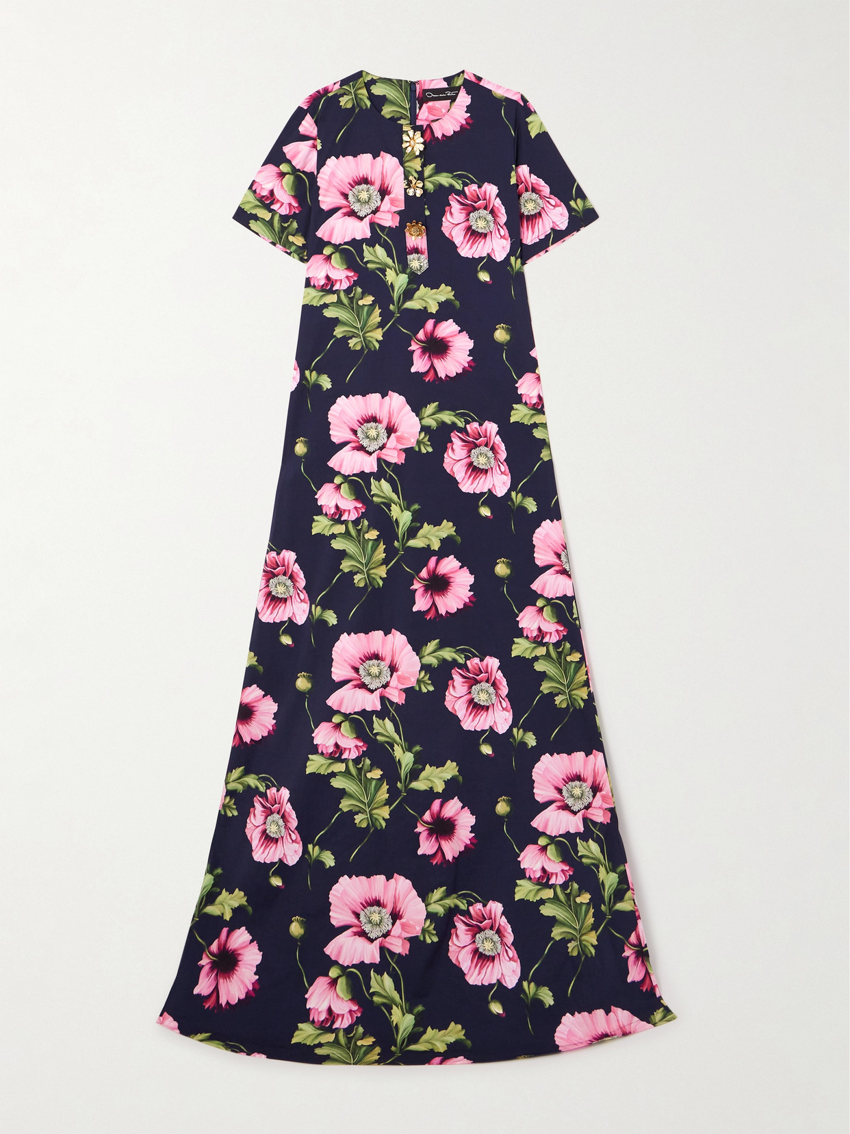 Oscar De La Renta Embellished Floral-print Poplin Gown In Blue