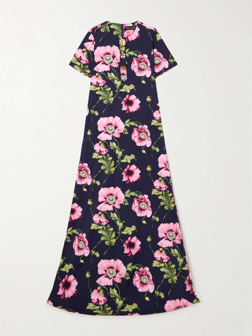 Oscar de la Renta Embellished Floral-print Poplin Gown