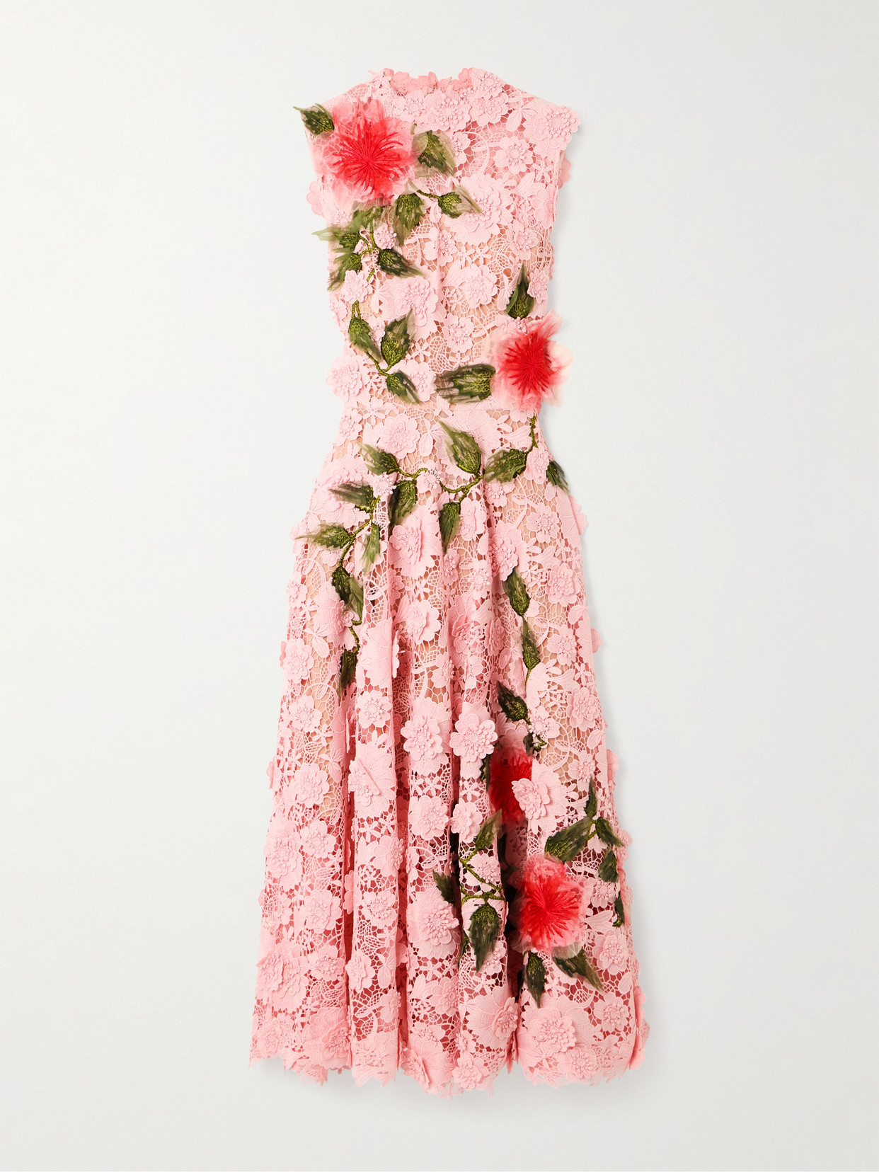 Oscar De La Renta Hibiscus Embroidered Sleeveless Floral Guipure Lace Midi Dress In Pink