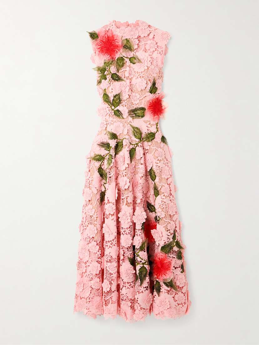 Oscar de la Renta Hibiscus Appliquéd Embroidered Guipure Lace Midi Dress