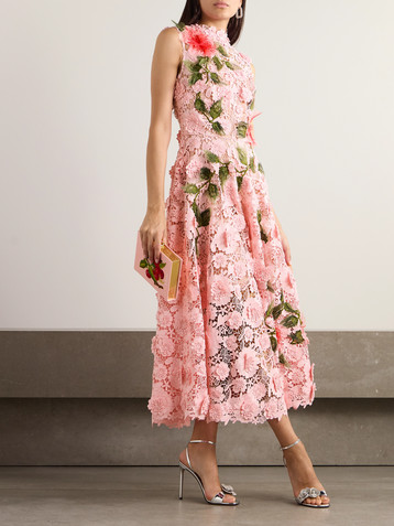 Oscar de la Renta Hibiscus appliquéd embroidered guipure lace midi dress