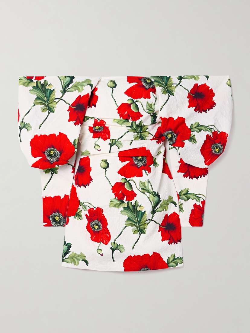 Oscar de la Renta Off-the-shoulder Draped Floral-print Cotton-blend Cloqué Mini Dress