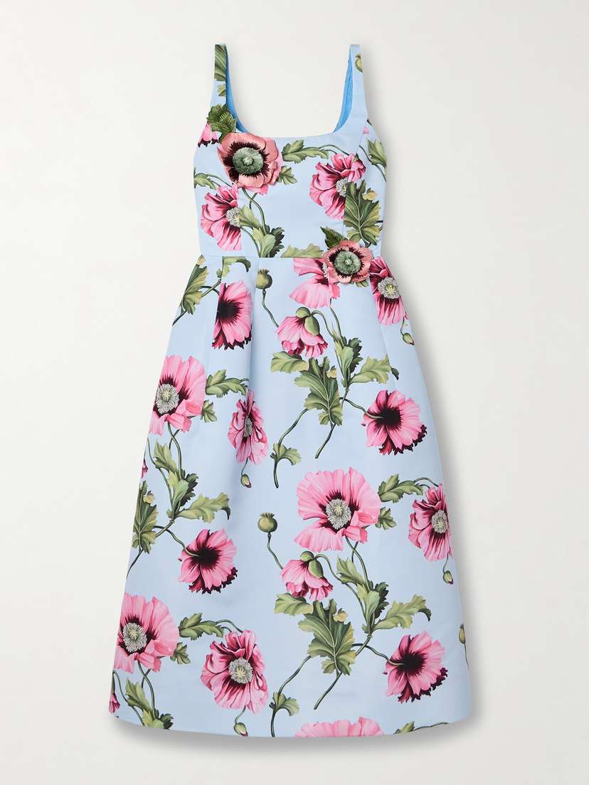 Oscar de la Renta Appliquéd Floral-print Faille Midi Dress