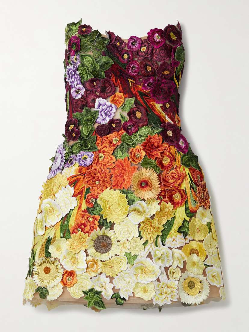 Oscar de la Renta Strapless Appliquéd Tulle Mini Dress - US2