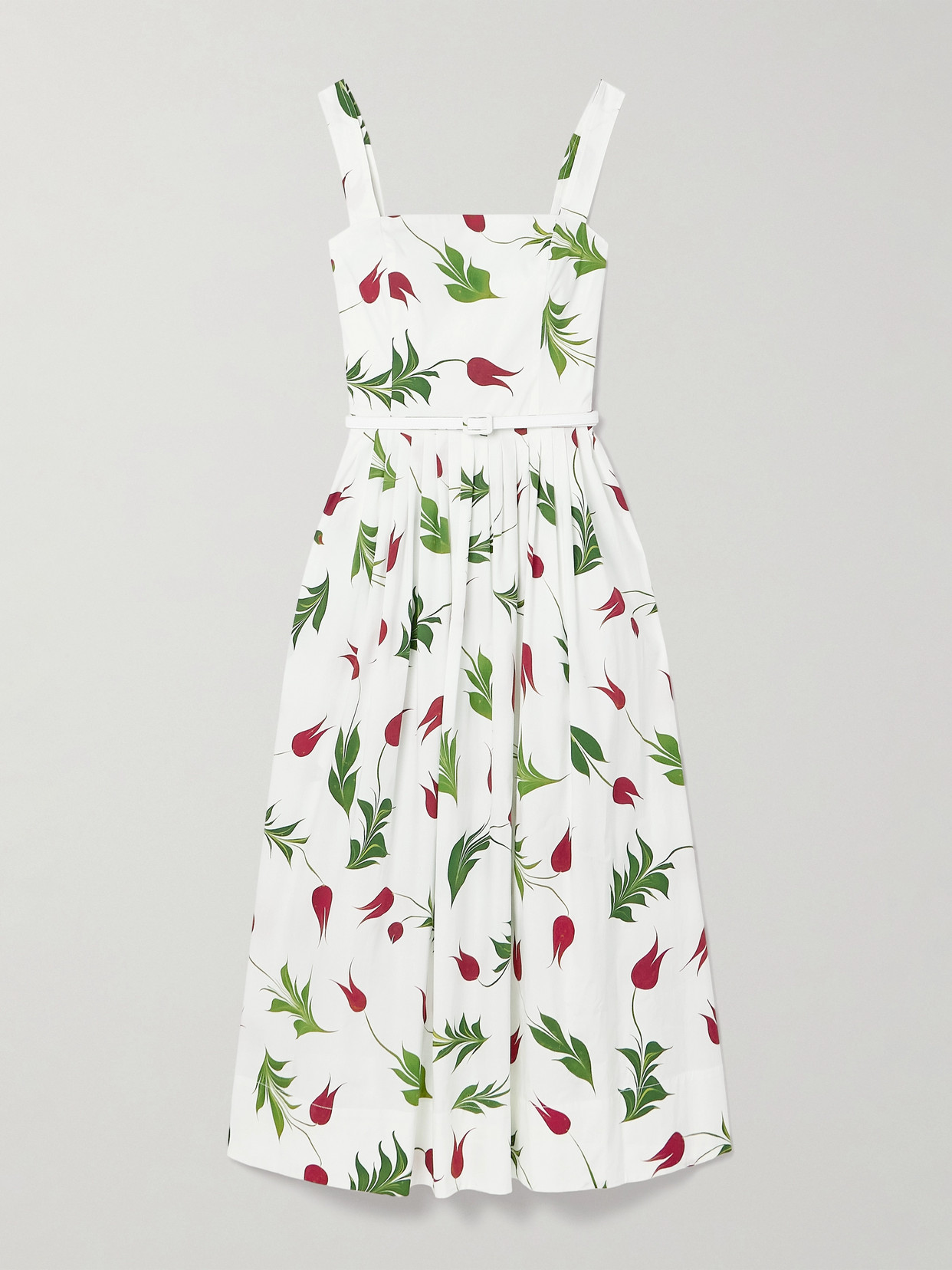 Shop Oscar De La Renta Belted Pleated Floral-print Cotton-blend Poplin Midi Dress In White