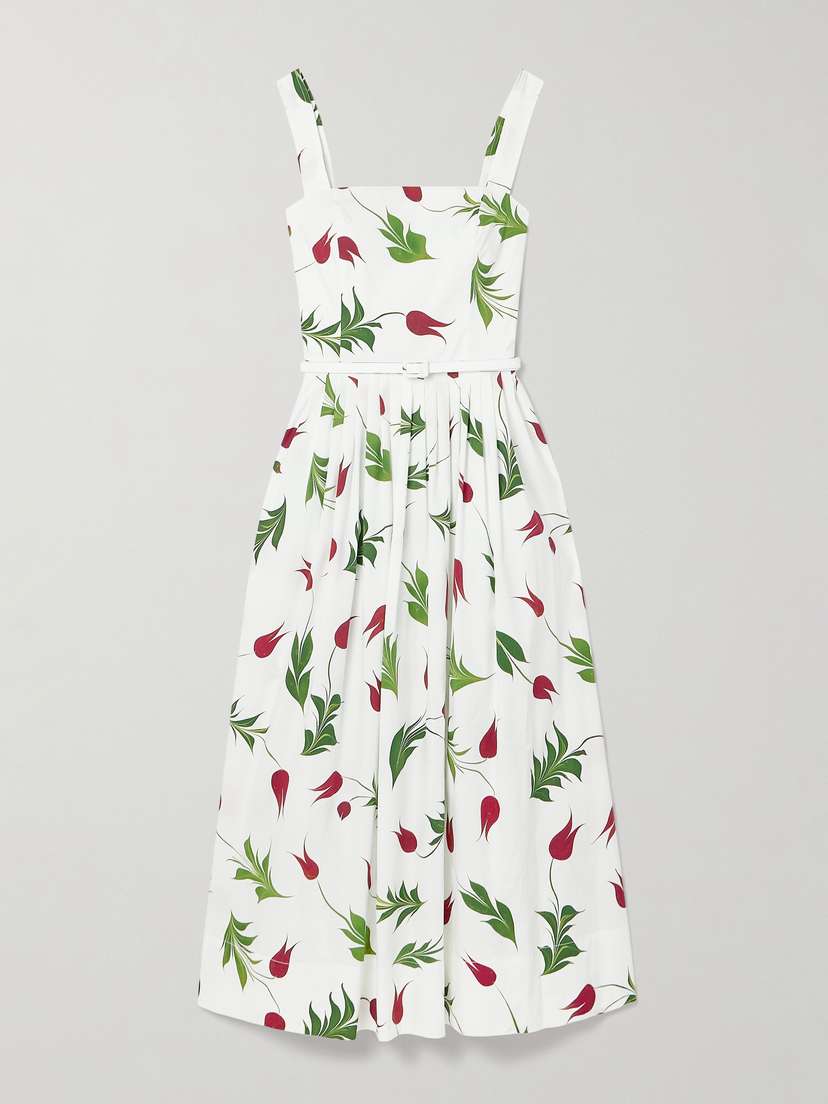 Oscar de la Renta Belted Pleated Floral-print Cotton-blend Poplin Midi Dress