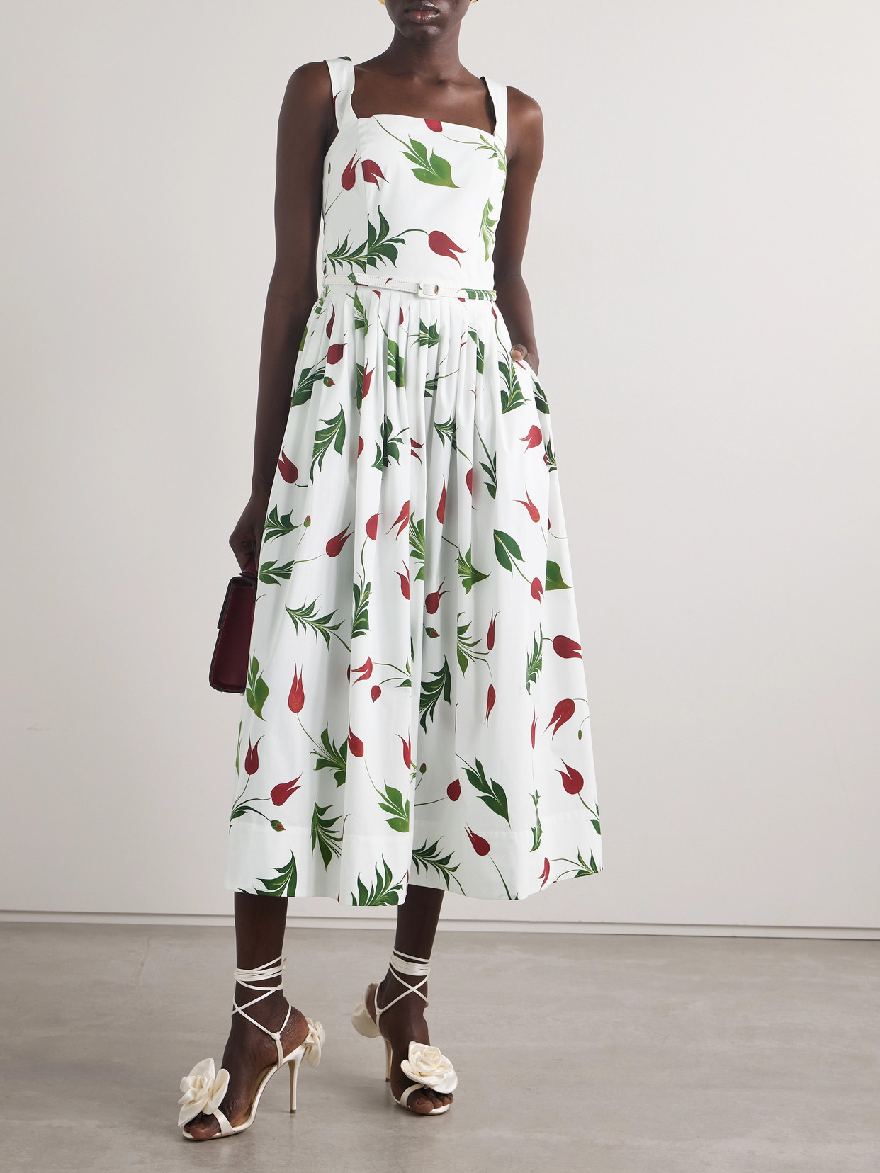 Oscar De La Renta Marbled Tulip Cotton Poplin Dress In White
