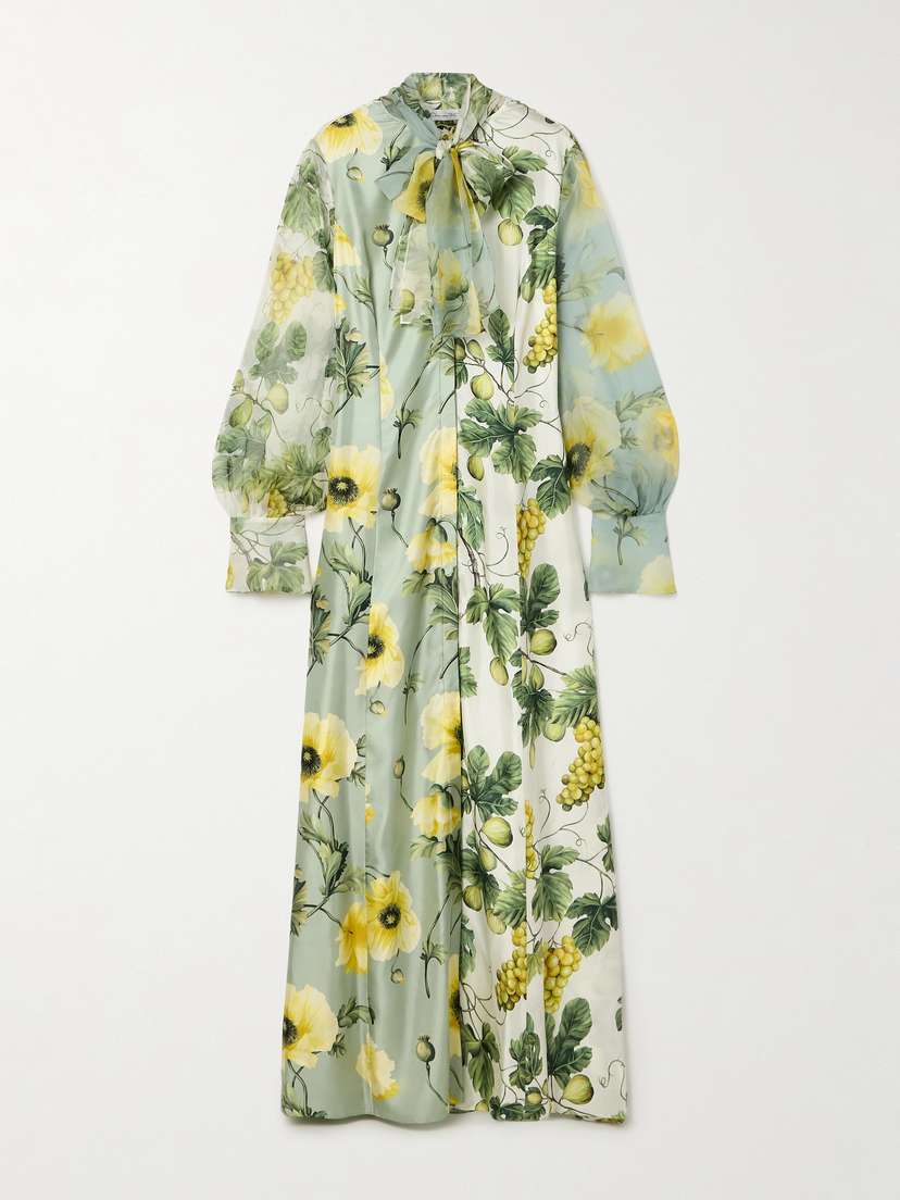 Oscar de la Renta Tie-detailed Chiffon-trimmed Printed Silk-twill Gown