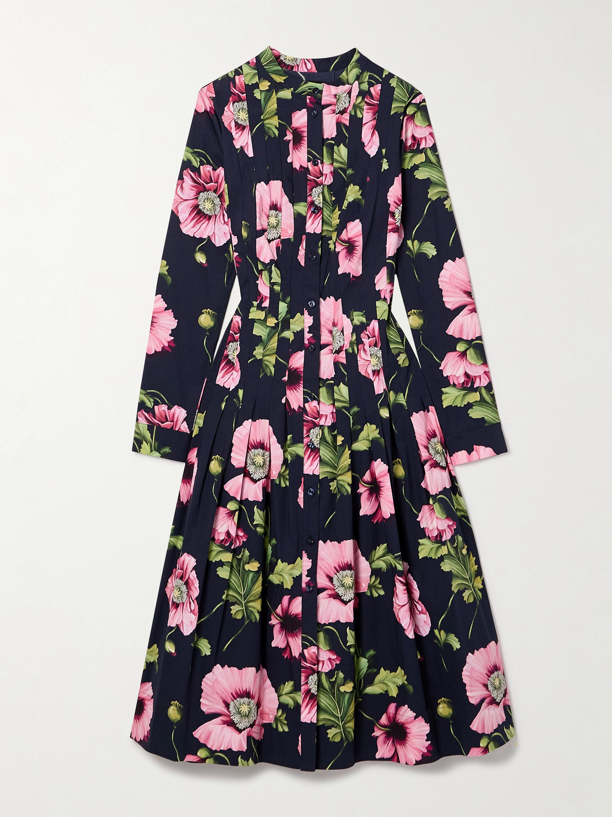Oscar De La Renta Poppies-print Long-sleeve Pleated Poplin Midi Shirtdress In Blue