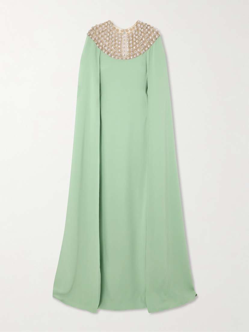 Oscar de la Renta Cape-effect Crystal-embellished Mesh-trimmed Silk-blend Georgette Gown