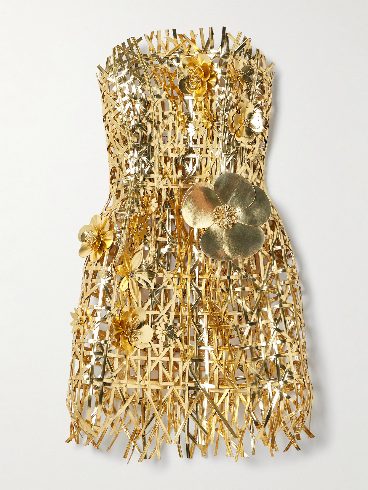 Oscar de la Renta - Belted Strapless Appliquéd Faux Leather Mini Dress - Gold