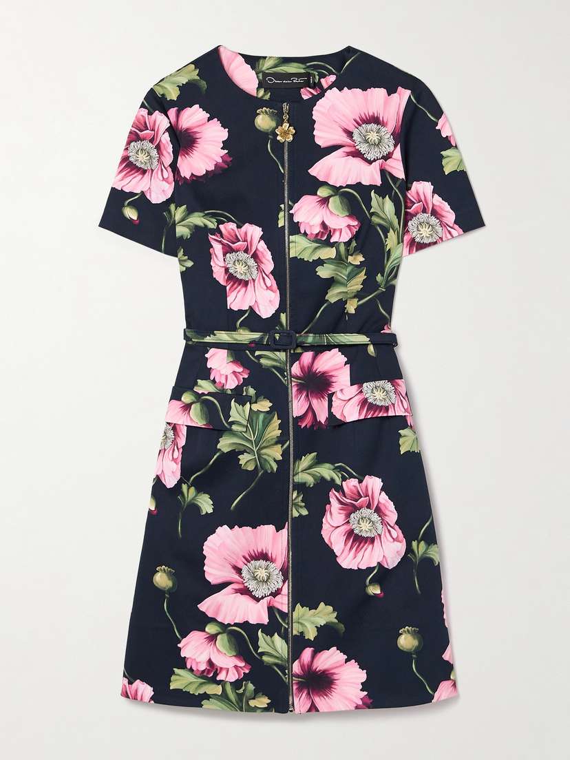 Oscar de la Renta Belted Embellished Floral-print Cotton-blend Twill Mini Dress