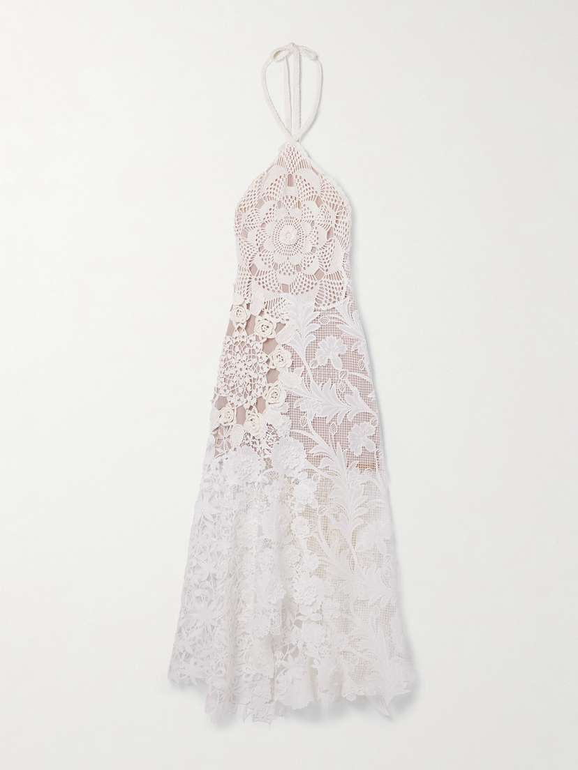 Oscar de la Renta Asymmetric Crochet And Guipure Lace Halterneck Dress