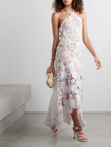 Oscar de la Renta Asymmetric crochet and guipure lace halterneck dress