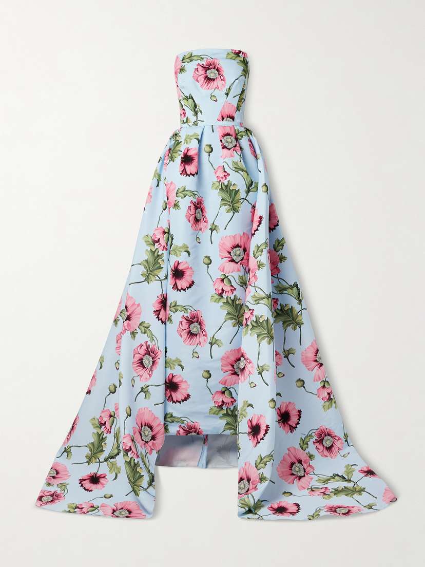 Oscar de la Renta Convertible Strapless Pleated Floral-print Faille Gown