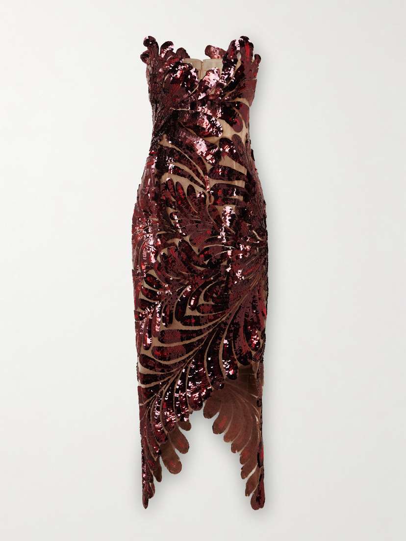 Oscar de la Renta Fern Asymmetric Sequined Tulle Midi Dress