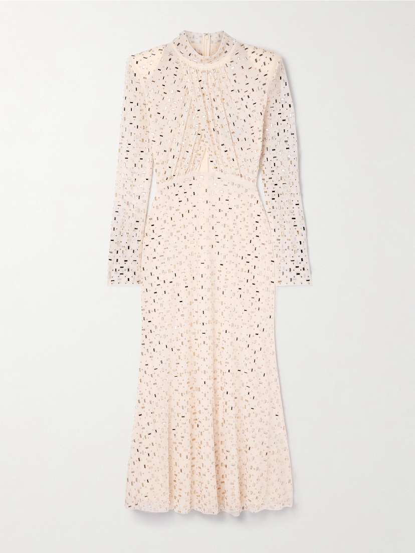 Self-Portrait Cutout Embellished Gathered Mesh Turtleneck Midi Dress - UK 14