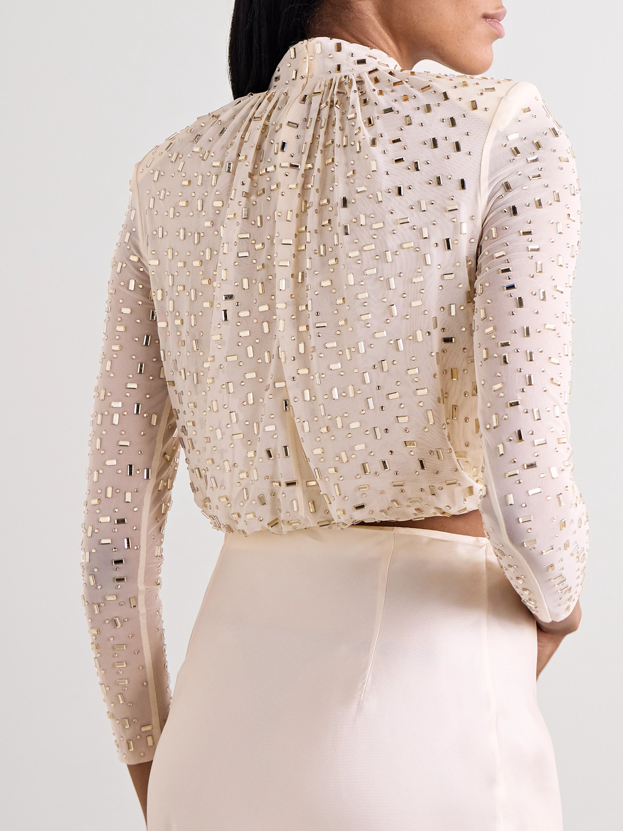 Self-portrait Cropped Embellished Gathered Mesh Turtleneck Top In Cream