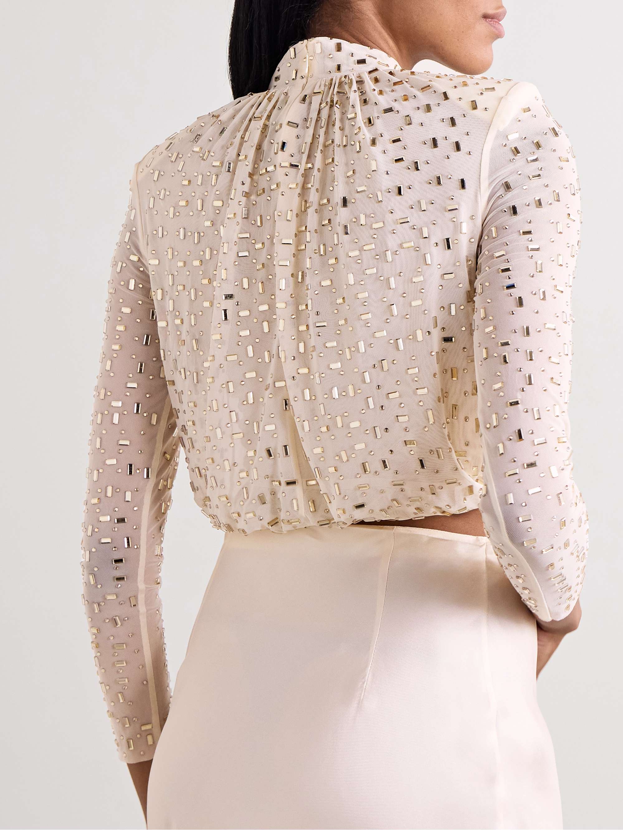 SELF-PORTRAIT Cropped embellished gathered mesh turtleneck SELF-PORTRAIT Cropped embellished gathered mesh turtleneck