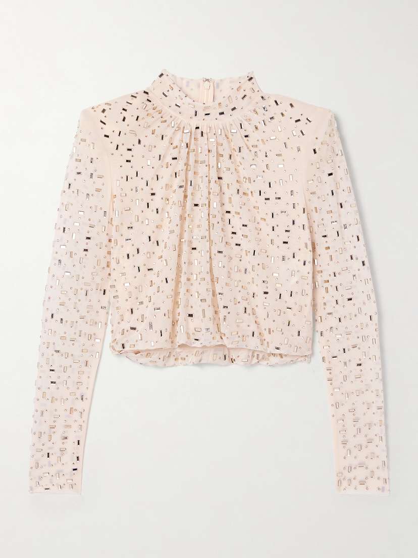 Self-Portrait Cropped Embellished Gathered Mesh Turtleneck Top