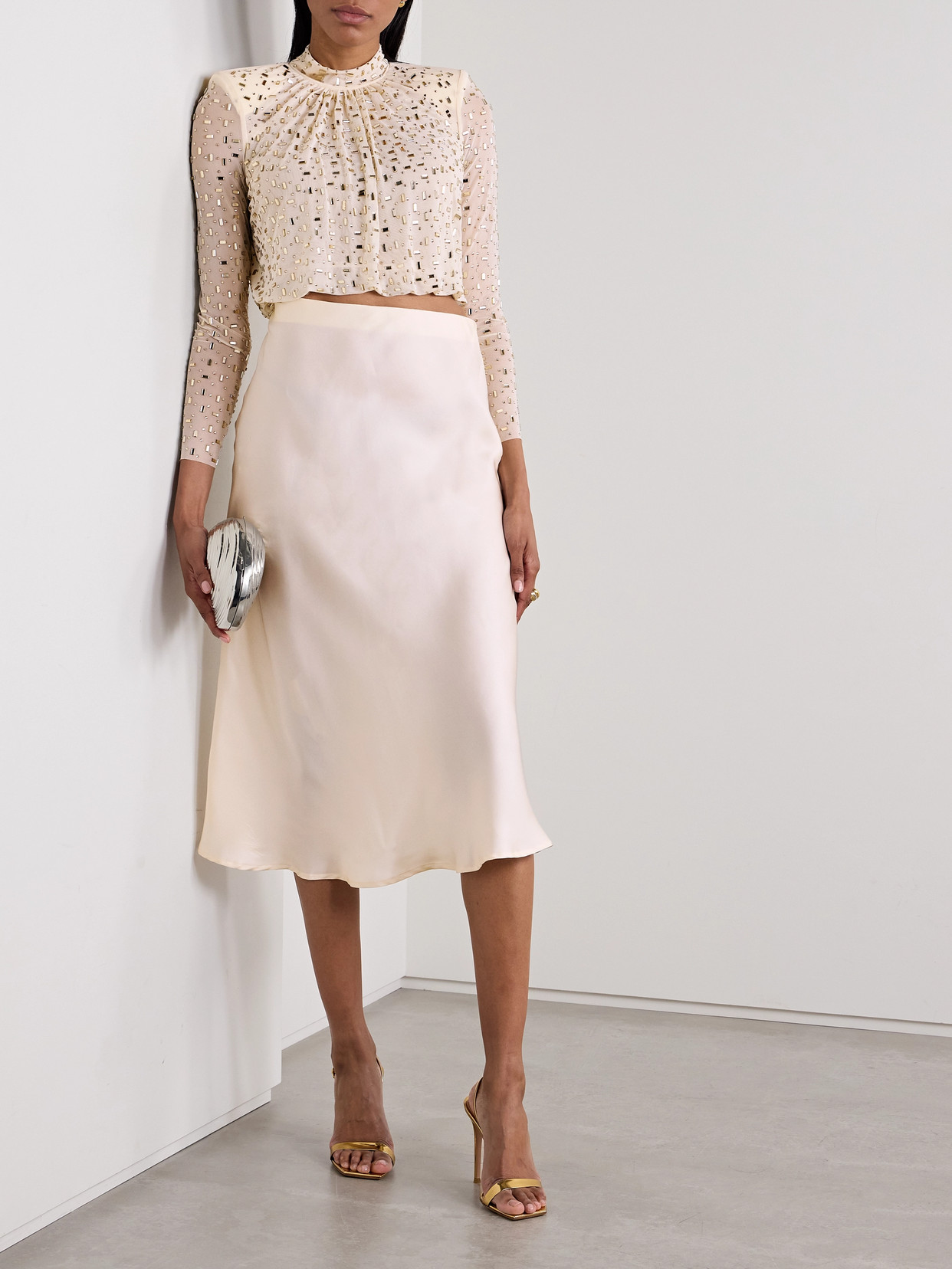 Self-portrait Cropped Embellished Gathered Mesh Turtleneck Top In Cream