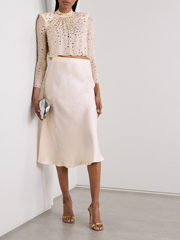self-portrait Cropped embellished gathered mesh turtleneck top
