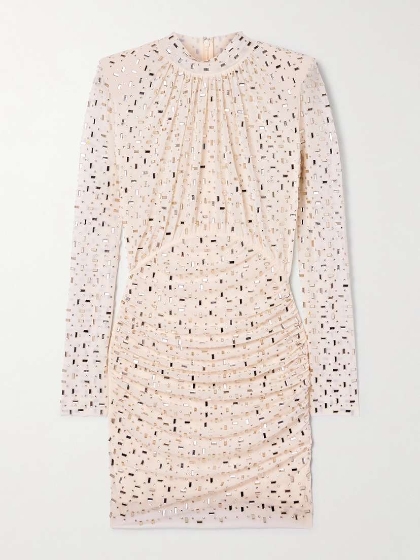 Self-Portrait Embellished Gathered Mesh Turtleneck Mini Dress