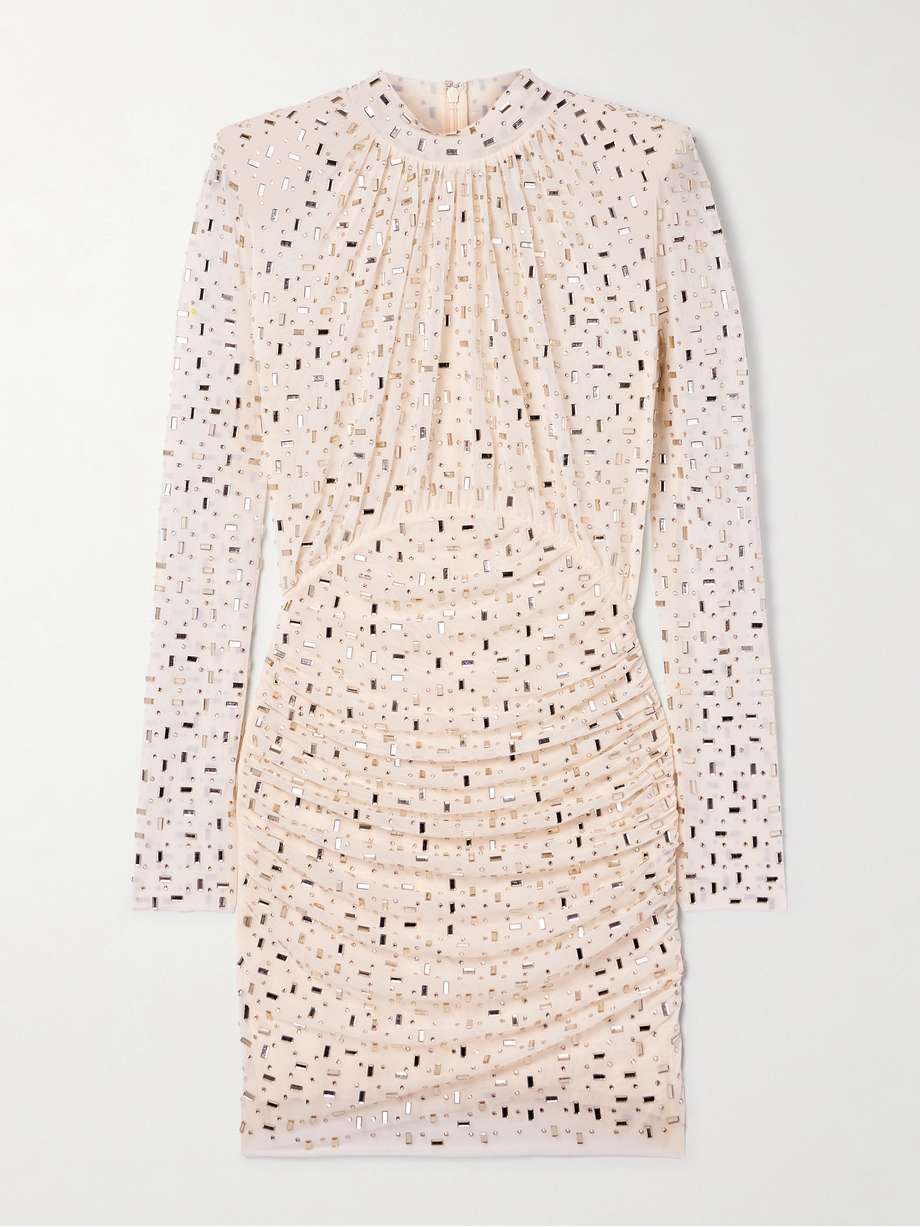 embellished gathered mesh turtleneck mini dress