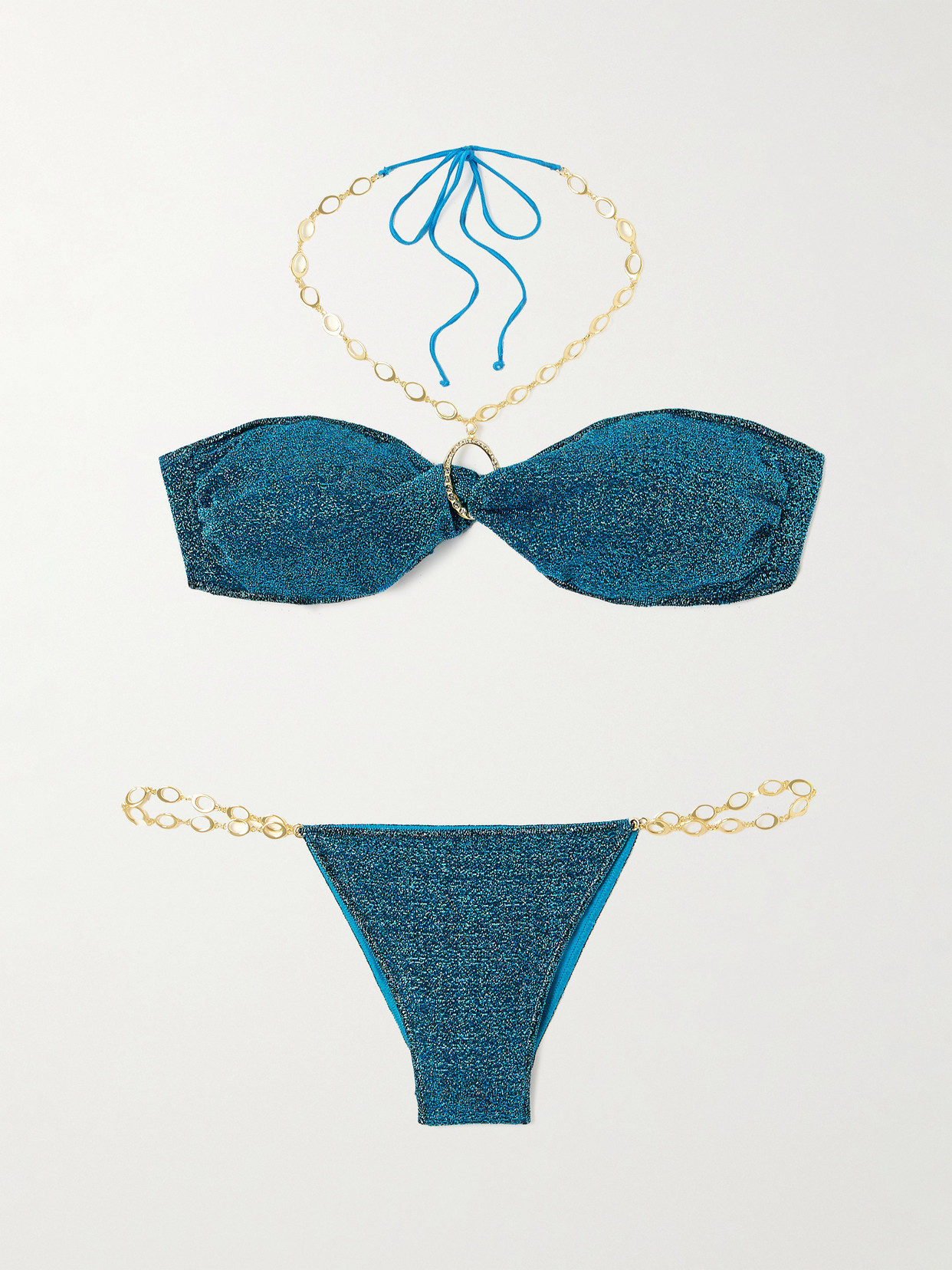 Oseree Lumière O Chain Embellished Metallic Bikini In Blue