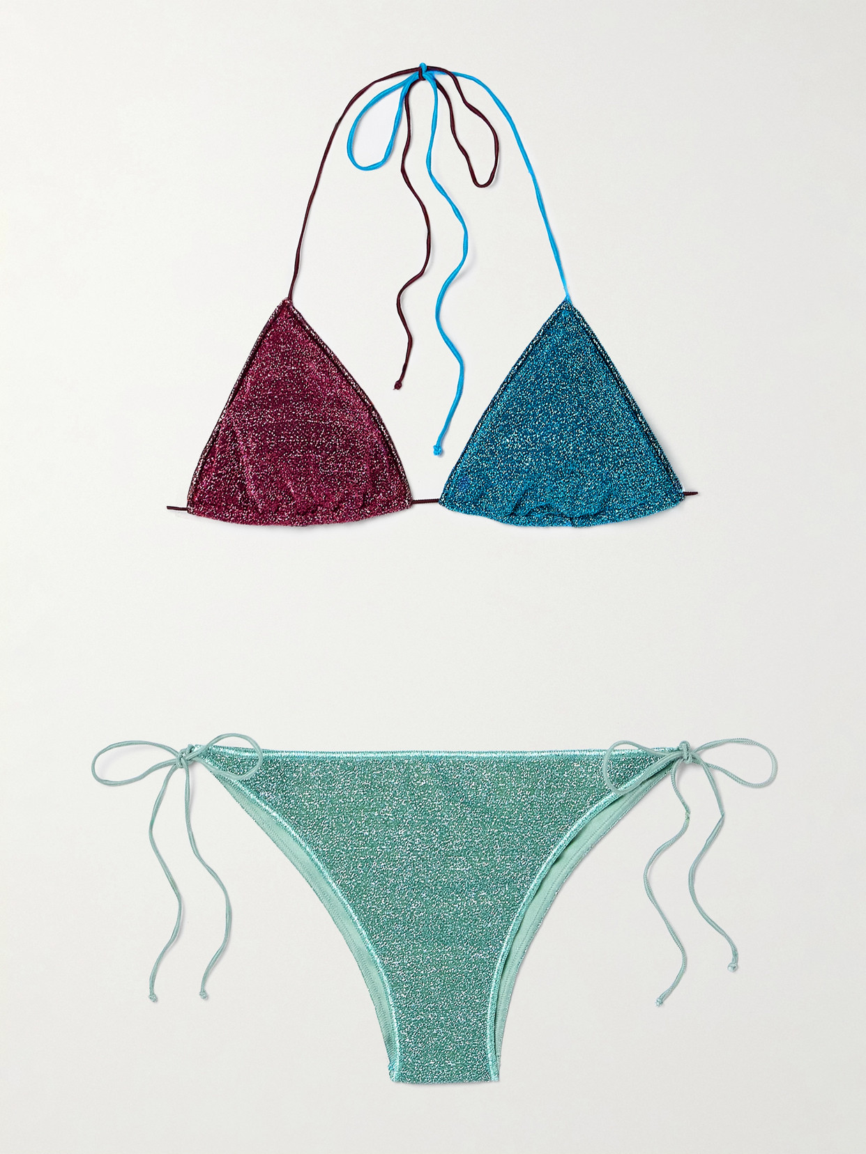 Oseree Lumière Colour-block Lurex Halterneck Triangle Bikini In Blue