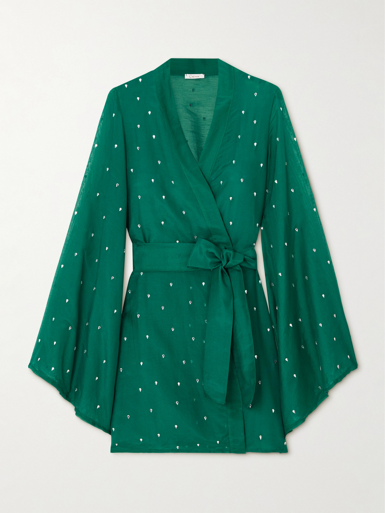 Oseree Belted Crystal-embellished Cotton And Silk-blend Kaftan In Green