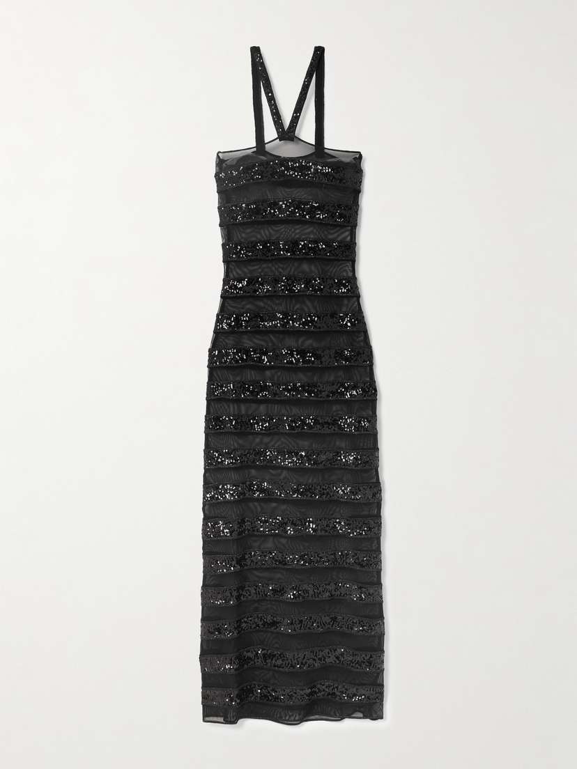 Oséree Sequin-embellished Striped Stretch-tulle Maxi Dress