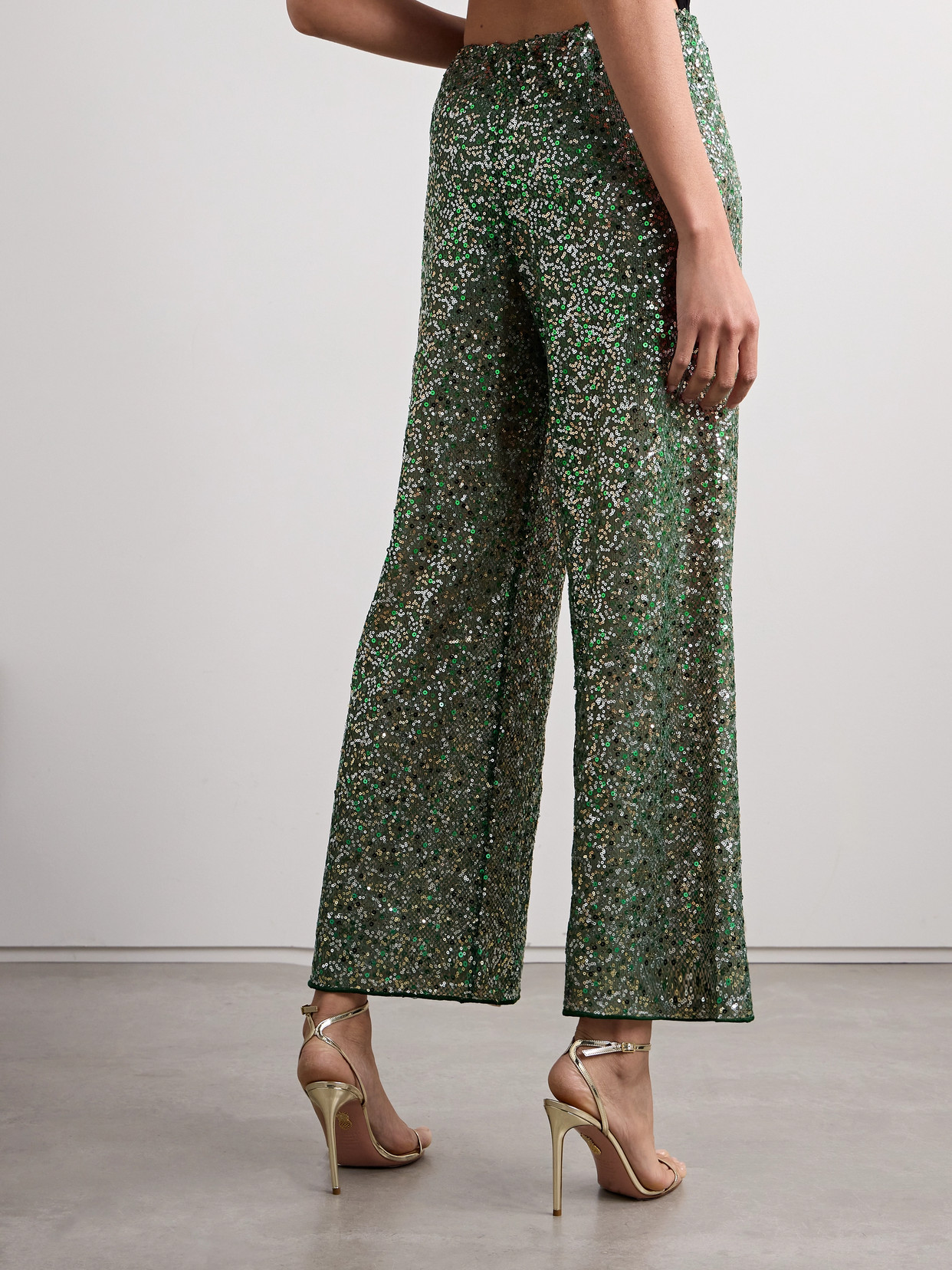 Oseree Netquins Sequin-embellished Open-knit Wide-leg Pants In Green