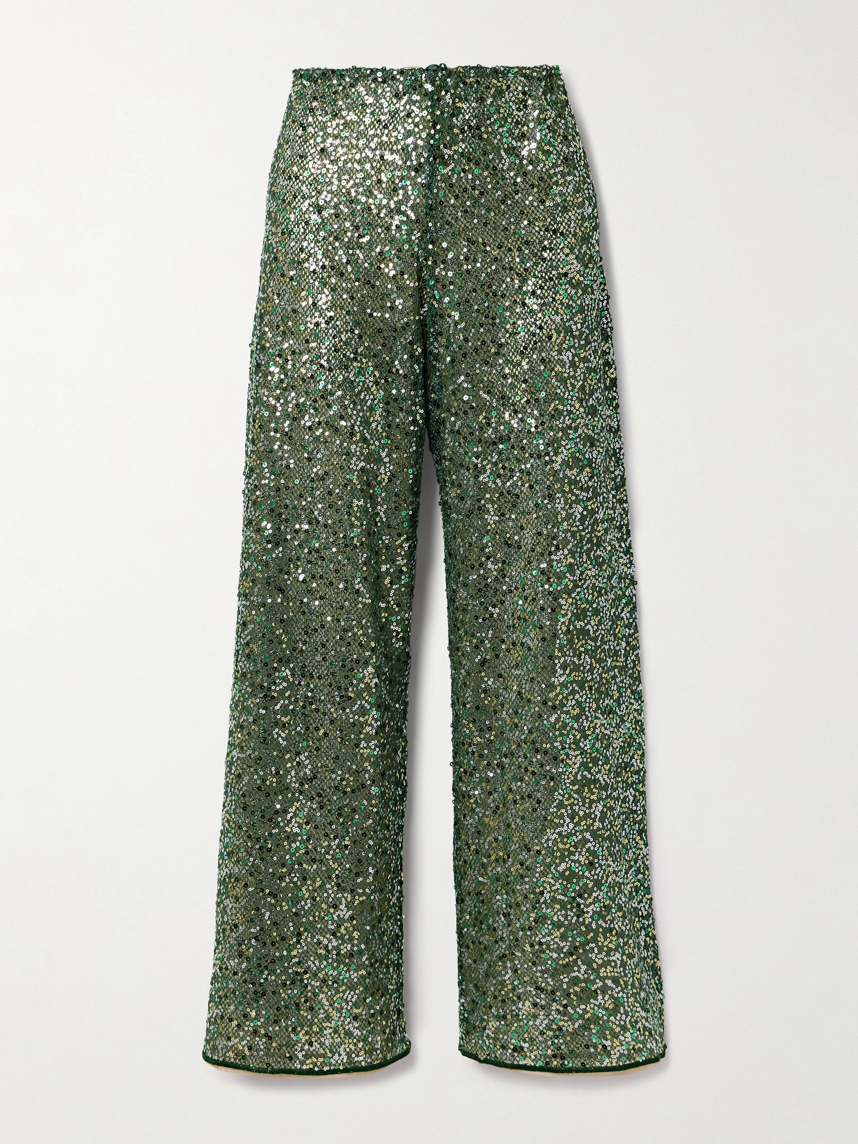 Oseree Netquins Sequin-embellished Open-knit Wide-leg Pants In Green