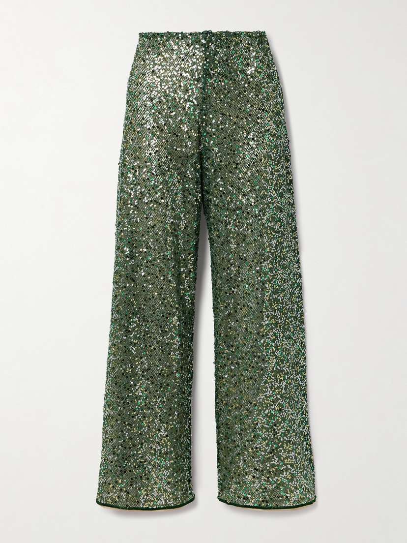Oséree Netquins Sequin-embellished Open-knit Wide-leg Pants