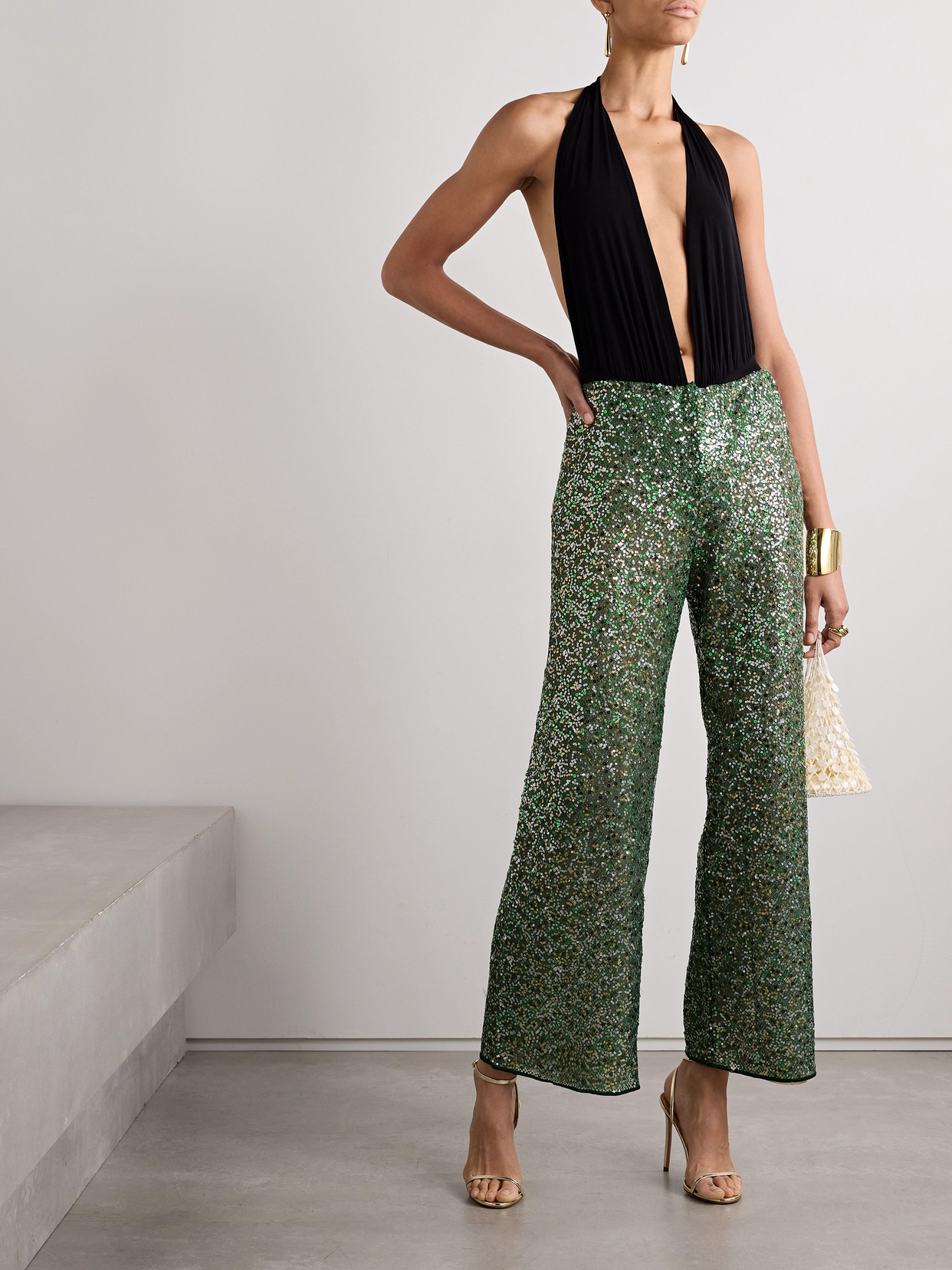 Oseree Netquins Sequin-embellished Open-knit Wide-leg Pants In Green