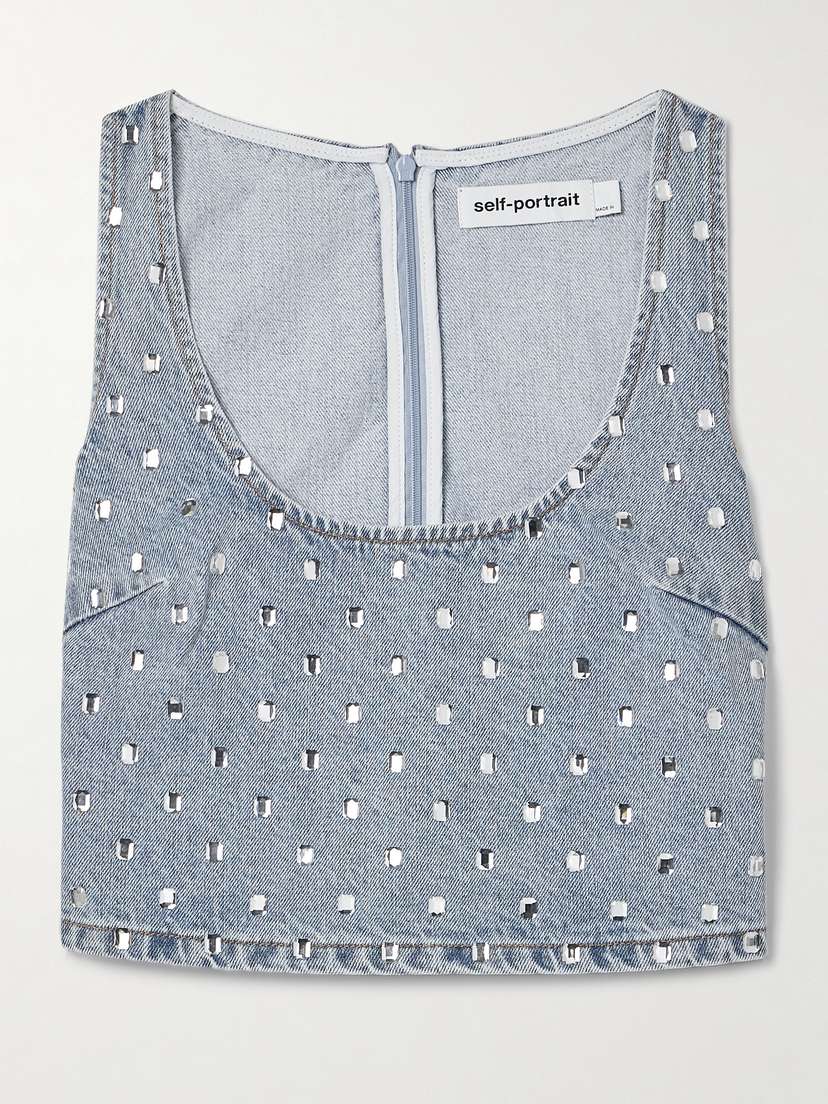 Self-Portrait Cropped Crystal-embellished Denim Tank -  - UK 14